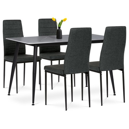 Jídelní set 1+4, stůl 130x70, deska slinutý kámen v imitaci šedého matného mramoru, židle zelená látka, černý lak