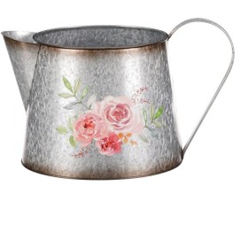 Kovový obal na květiny, tvar konve. Design s růžemi.