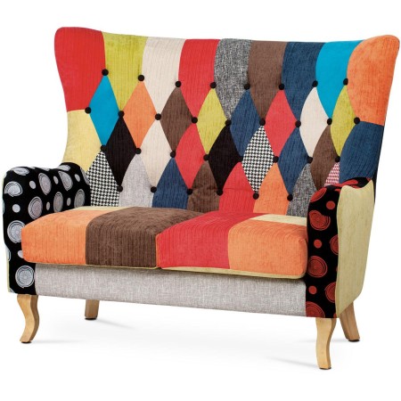 Dvojsedačka, potah látka patchwork, dřevěné nohy, masiv kaučukovník
